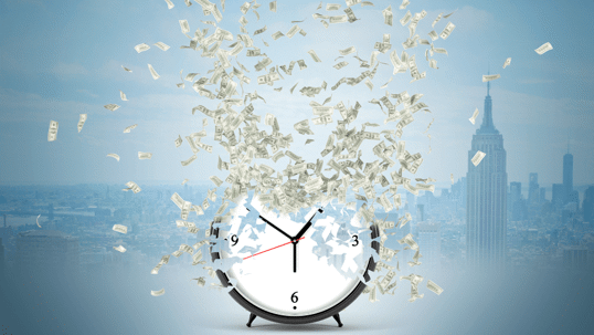 clock with money flying out of it and a city scape in the background